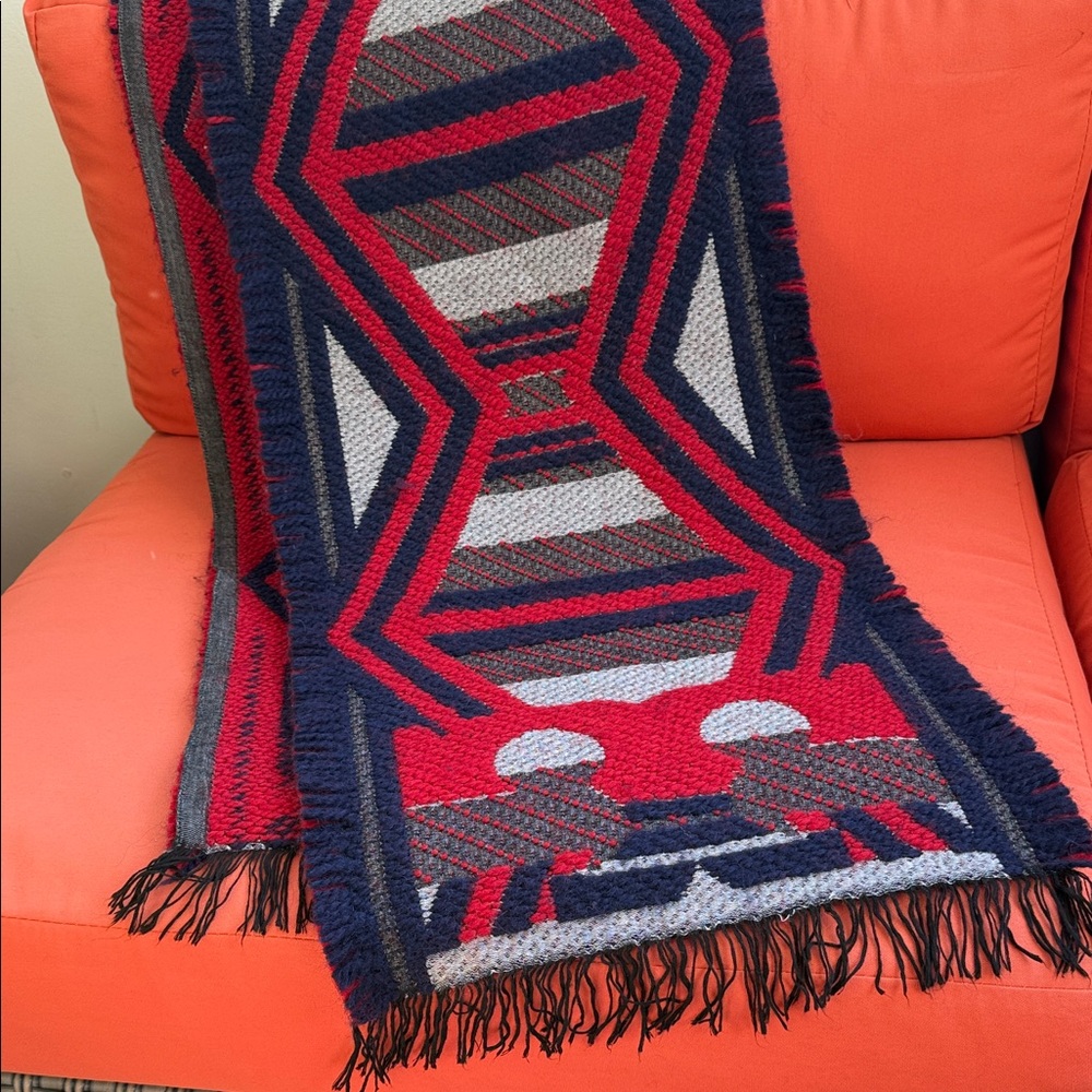 Tory Burch Red and Blue Knit Scarf/Throw With Embroidered Detail and Fringe